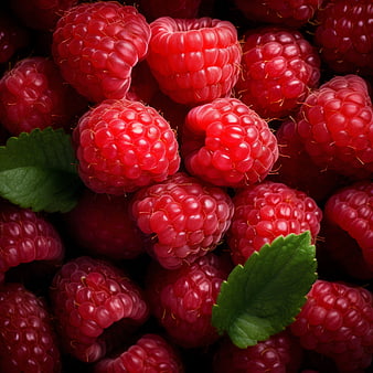 Close-up of Fresh Red Raspberries with Green Leaves