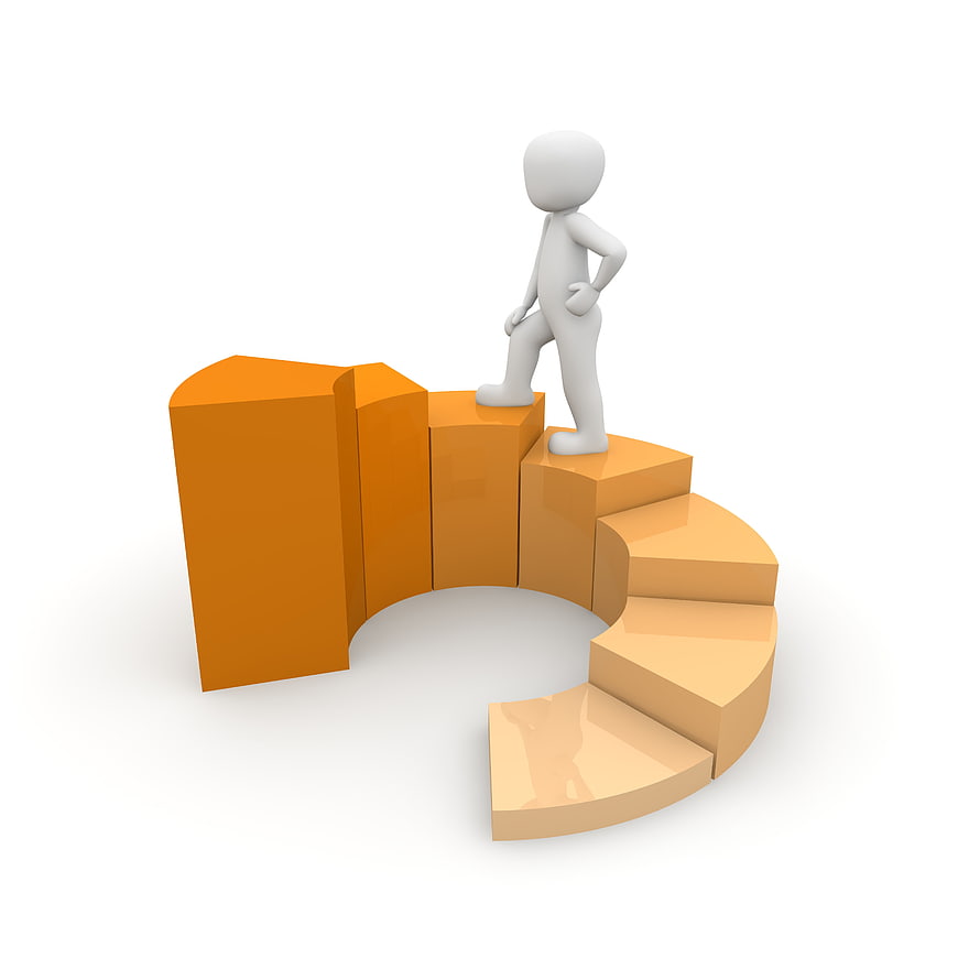 3D Man Climbing Orange Bar Chart Stairs