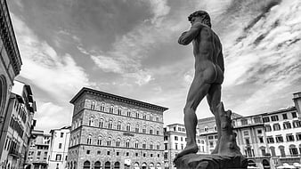 Black and white photo of the David statue in Florence, Italy