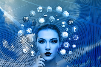 Woman with social media icons and digital network background