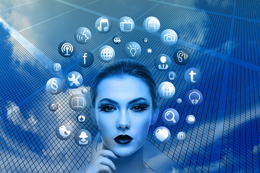 Woman with social media icons and digital network background