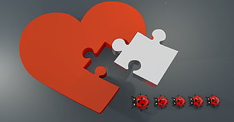 Red Heart Puzzle Piece Concept With Ladybugs On Gray Background