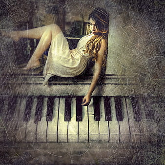 Surreal woman sitting on piano keys with vintage grunge texture