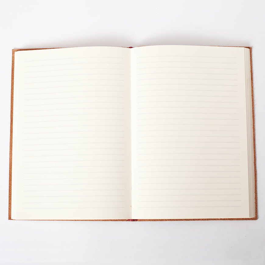 Open blank lined notebook on white background