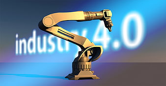 Golden robotic arm with Industry 4.0 text background