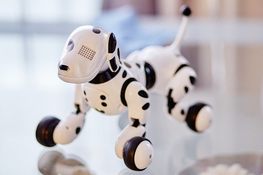 White and Black Robotic Dog Toy on Table