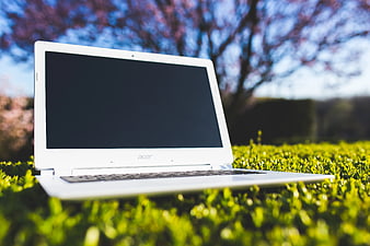White laptop on green grass with blurred nature background