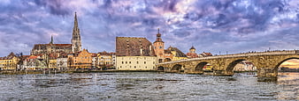 Panoramic View of Regensburg Cathedral and Stone Bridge at Sunset