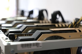 Row of graphics cards for cryptocurrency mining setup