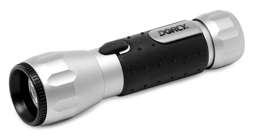Silver and Black DORCY Flashlight on White Background