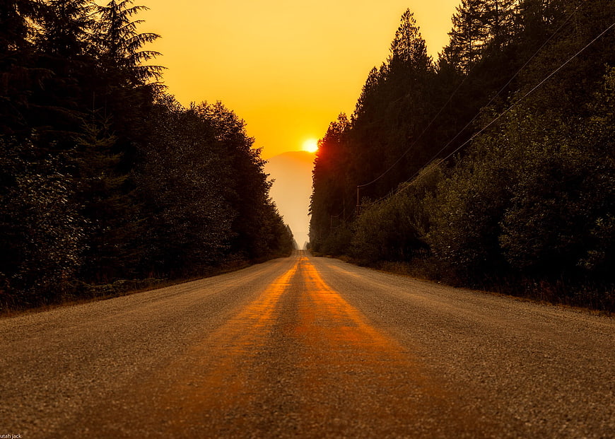 Rural Highway Sunset With Forest Silhouettes And Orange Road Reflections