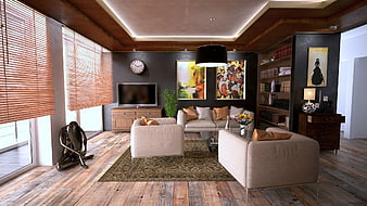 Modern Living Room Interior with Wooden Ceiling and Furniture
