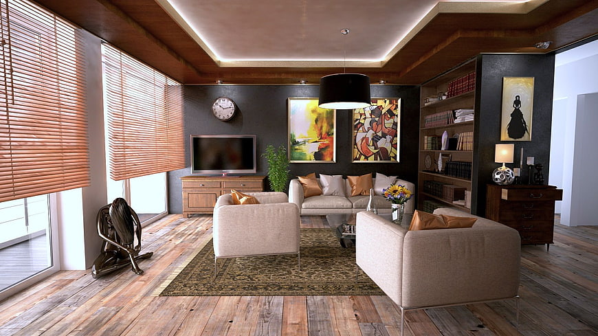 Modern Living Room Interior with Wooden Ceiling and Furniture