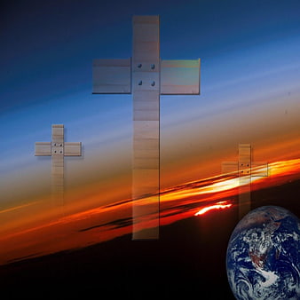 Three wooden crosses superimposed over Earth and space sunrise
