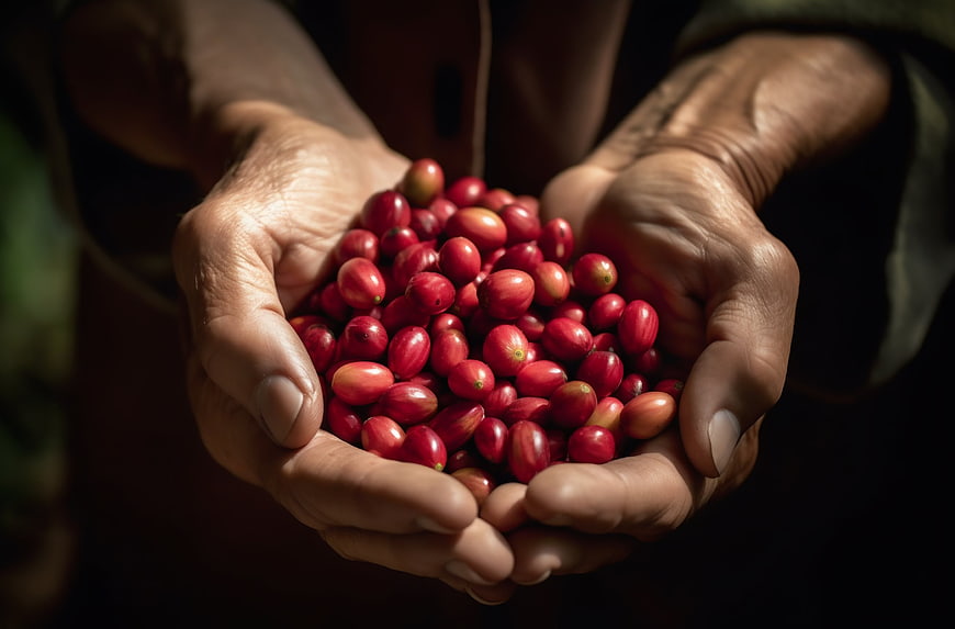 Hands holding fresh red coffee cherries