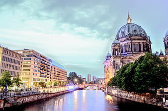 Berlin Cathedral and Spree River at Dusk with City Lights