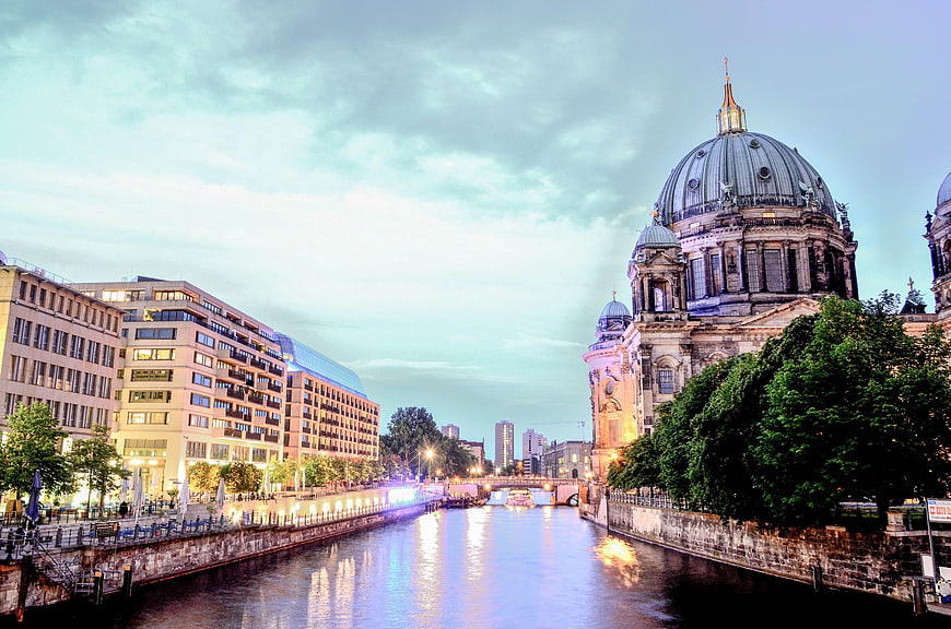 Berlin Cathedral and Spree River at Dusk with City Lights