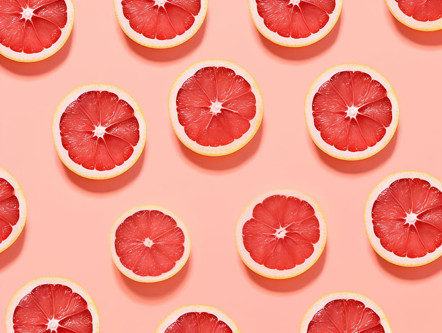 Flat lay pattern of sliced grapefruits on pink background