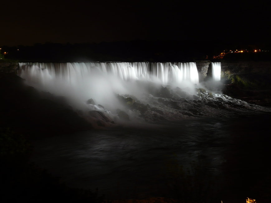 Majestic Niagara Falls illuminated at night with long exposure