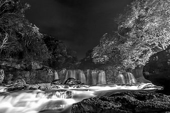 Black and white long exposure waterfall at night