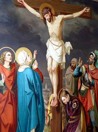 Classical painting of the crucifixion of Jesus with mourners