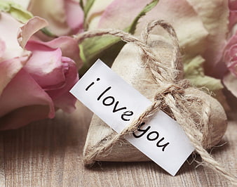 Wooden Heart with I Love You Note and Pink Roses