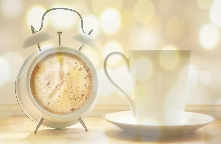 Creative coffee clock concept with morning light