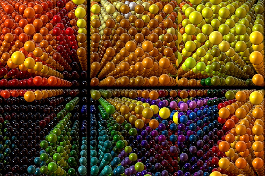 Abstract 3D colorful spheres arranged in geometric patterns