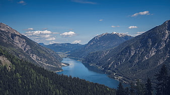 Panoramic Alpine Lake Valley with Forested Mountains