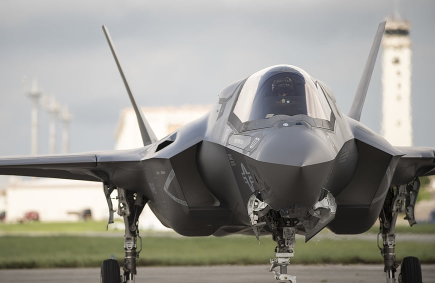 Frontal View of F-35B Stealth Fighter Jet on Airfield