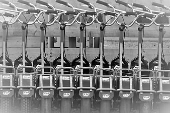 Black and white row of parked electric scooters