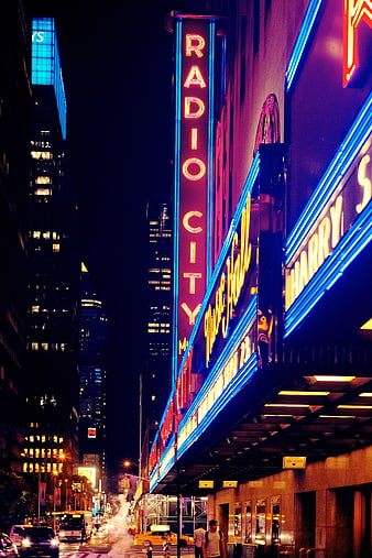 Radio City Music Hall Neon Sign at Night in New York City