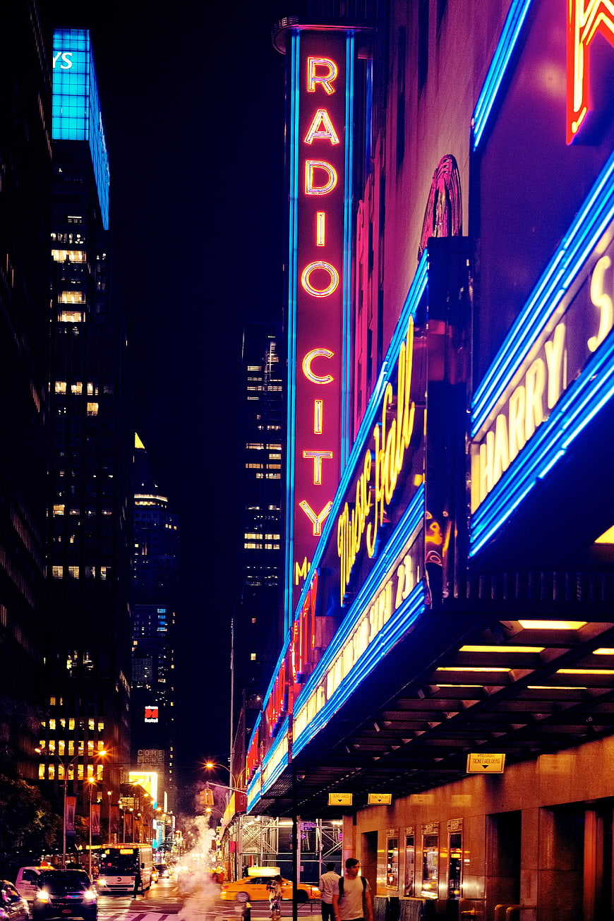 Radio City Music Hall Neon Sign at Night in New York City