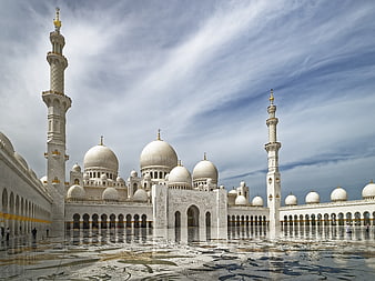 Sheikh Zayed Grand Mosque Architecture With Reflections In Abu Dhabi