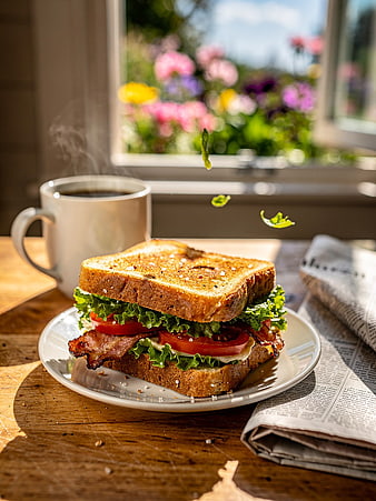 Fresh BLT Sandwich with Coffee on Wooden Table