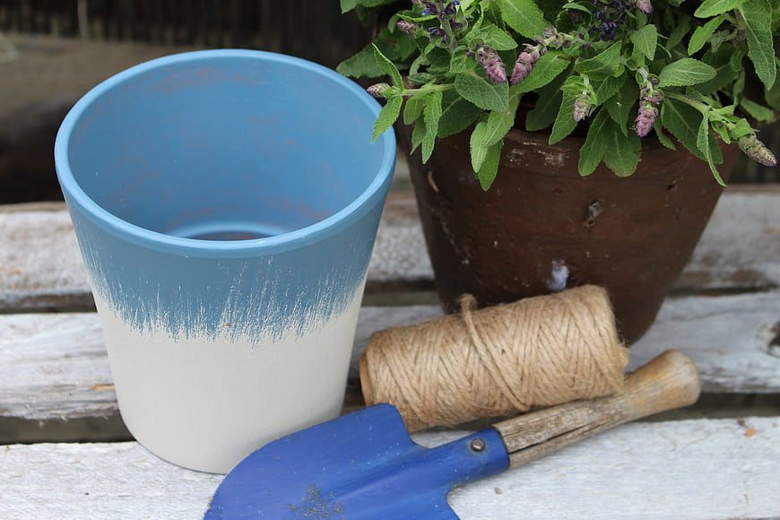 Gardening supplies with potted plant on rustic wooden table
