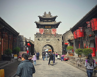 Pingyao Ancient City Gate Tower with Tourists and Red Lanterns