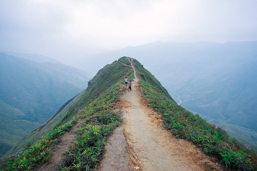Hikers on the Dinosaur Spine Mountain Ridge in Vietnam
