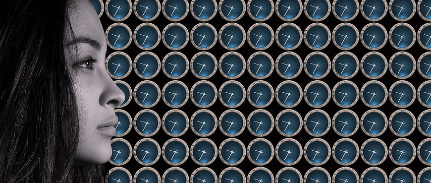 Woman Profile Against Pattern of Blue Clocks