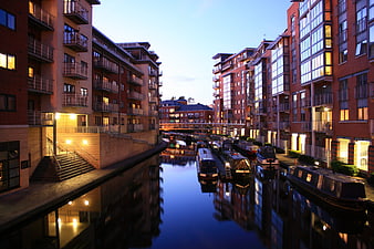 Birmingham Canal Basin at Dusk with Moored Boats and Brick Apartments