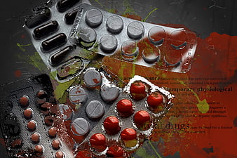 Grungy collage of blister packs with pills and medical text