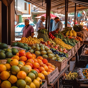 Colorful fresh fruit display at outdoor market stall