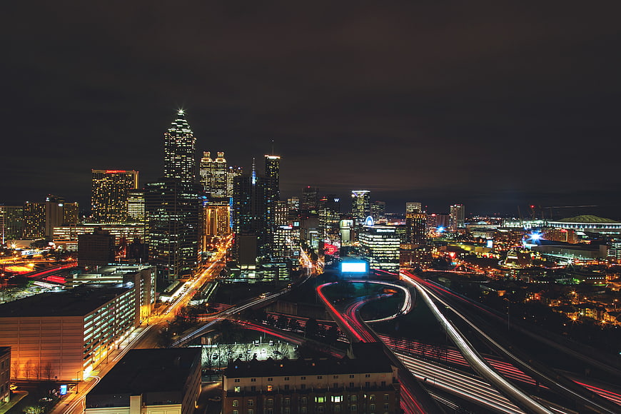 Atlanta Skyline Night with Highway Light Trails