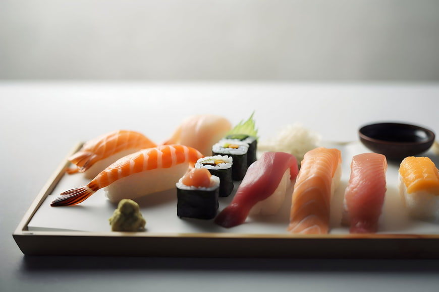 Assorted sushi platter with shrimp and salmon nigiri