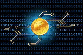 Golden Bitcoin with Circuit Board and Binary Code Background