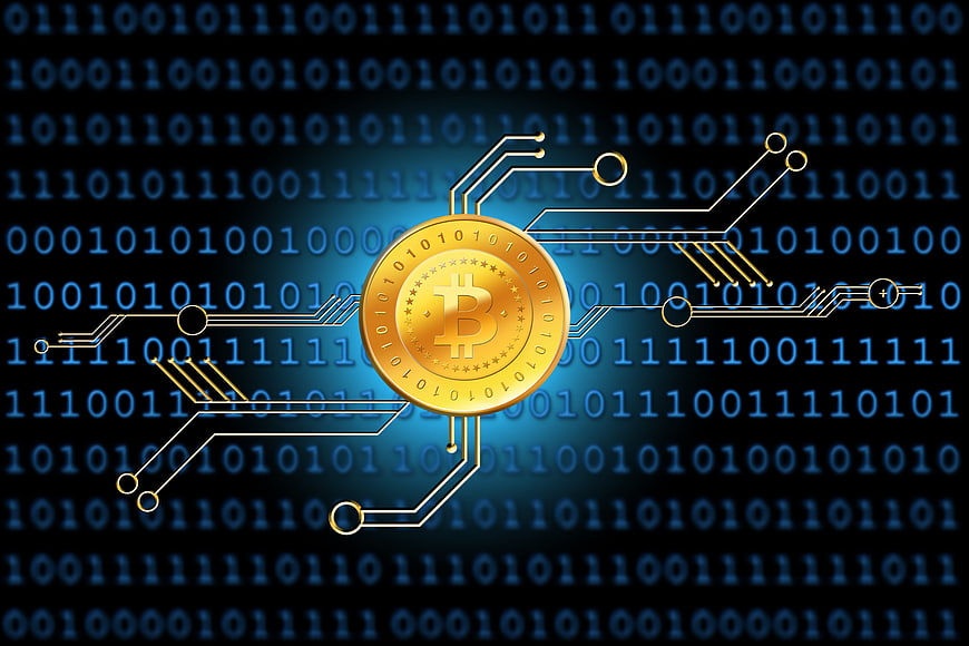 Golden Bitcoin with Circuit Board and Binary Code Background