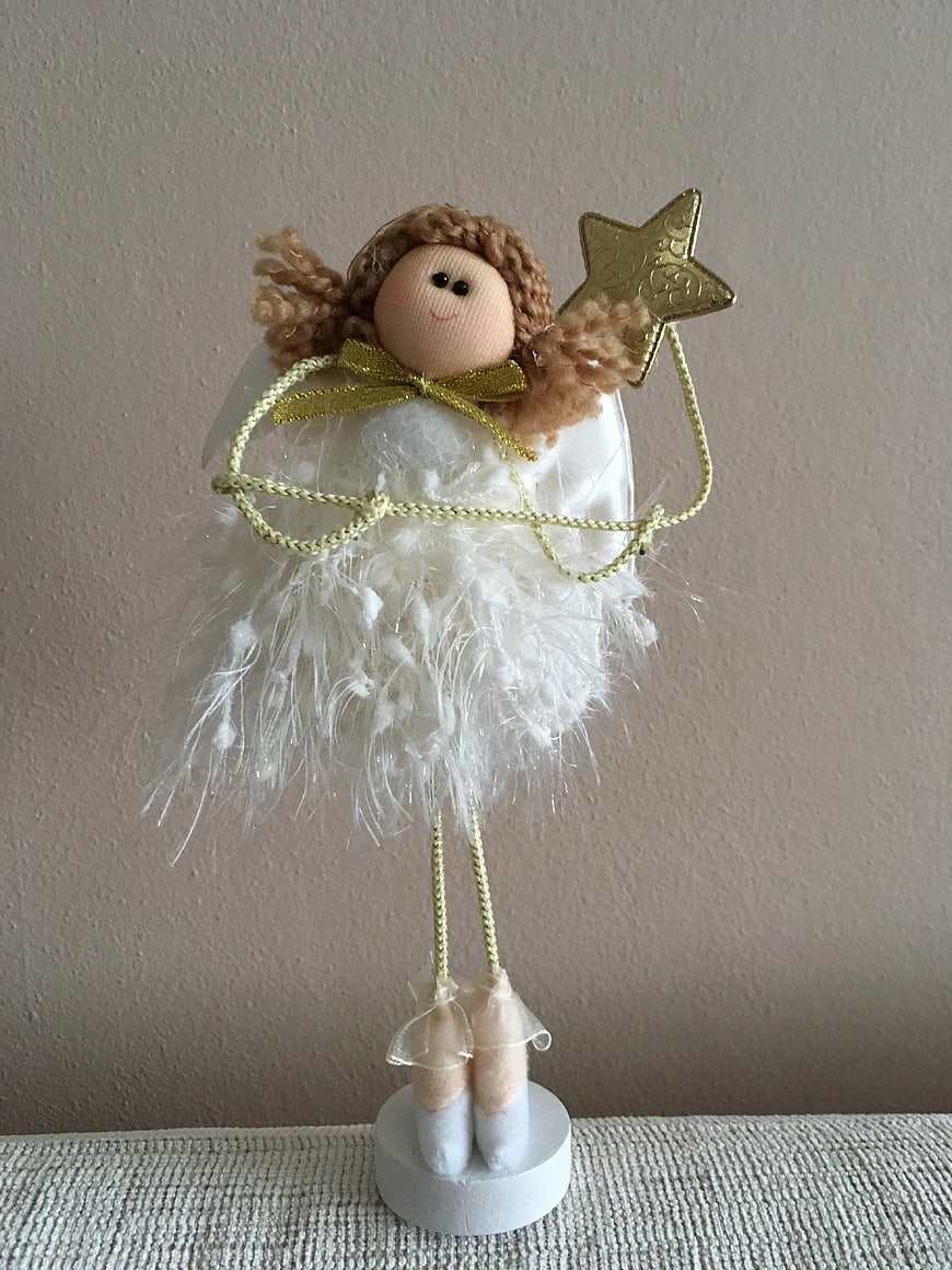 Handmade Christmas Angel Ornament with Feathers and Gold Star