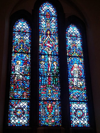 Gothic stained glass windows in a church interior