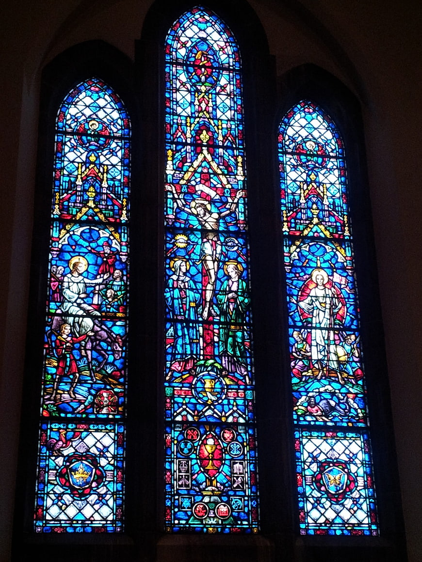 Gothic stained glass windows in a church interior