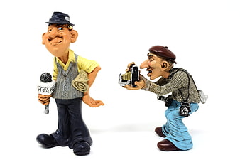 Caricature Figurines of Journalist and Photographer on White Background